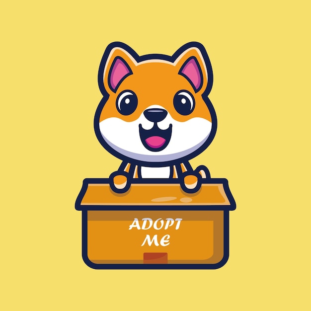 Simpatico cane shiba inu in scatola cartone animato personaggio illustrazione vettoriale