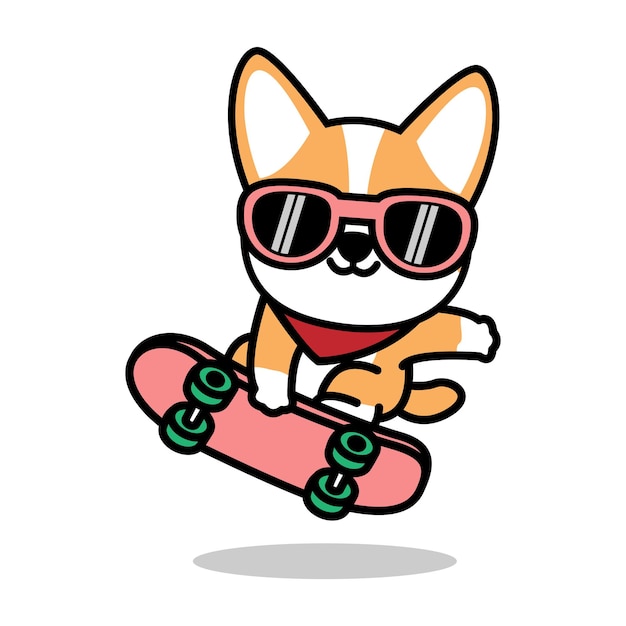 Simpatico cane welsh corgi che gioca a cartone animato di skateboard skateboard