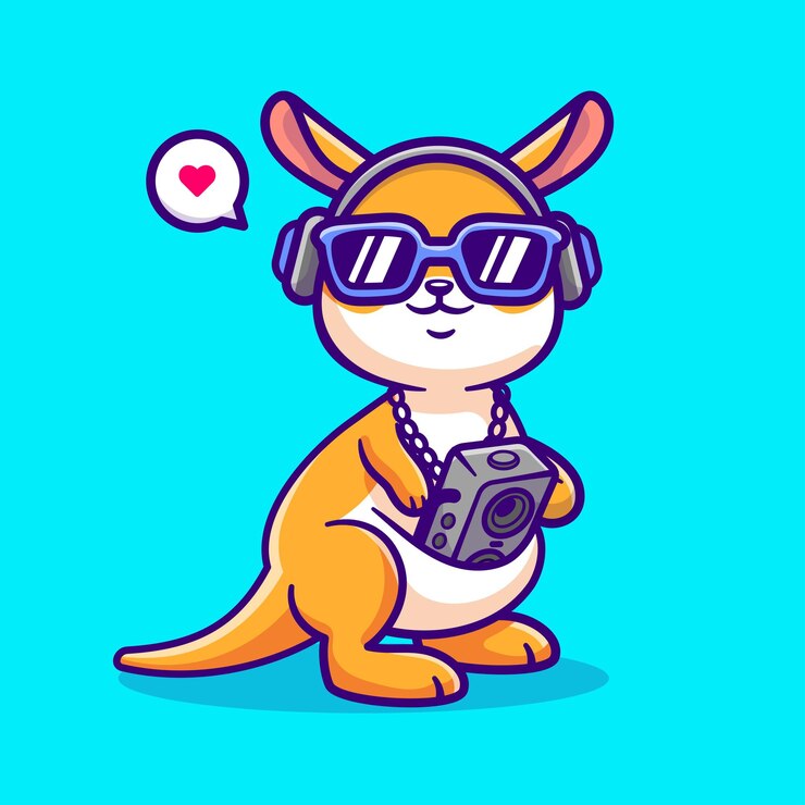 Simpatico canguro che ascolta musica con boombox e cuffie fumetto icona vettore illustrazione