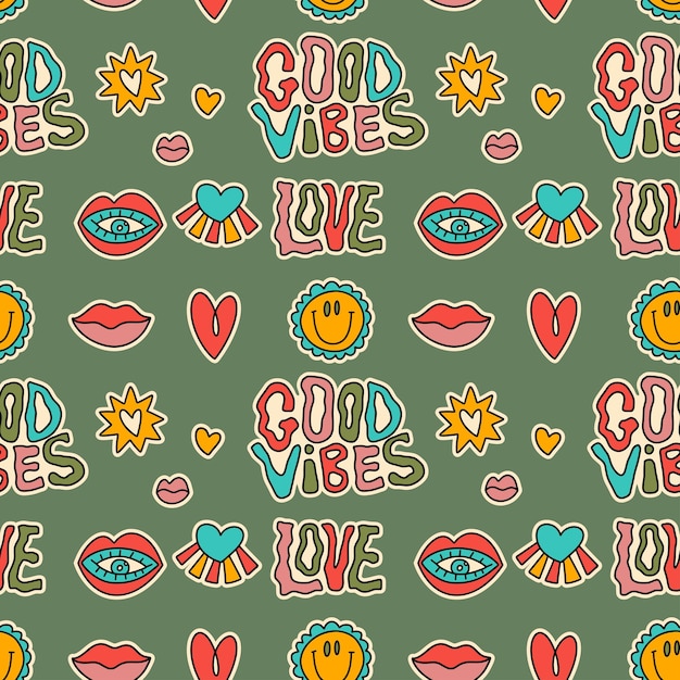 Simpatico cartone animato adesivo groovy motivo vettoriale senza giunture Illustrazione retrò hippie