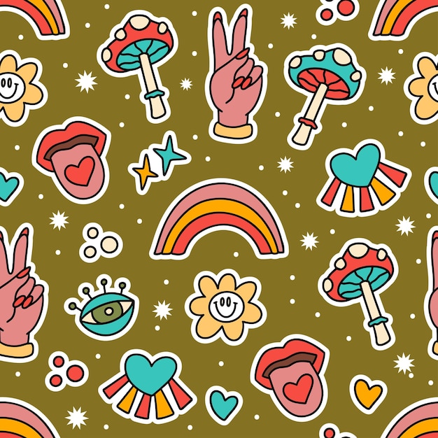 Simpatico cartone animato adesivo groovy motivo vettoriale senza giunture Illustrazione retrò hippie