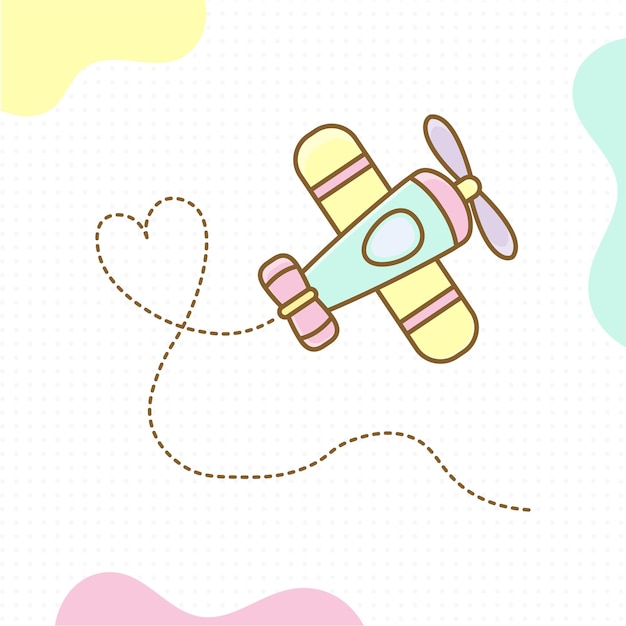 Simpatico cartone animato aereo che vola e forma un cuore in stile kawaii