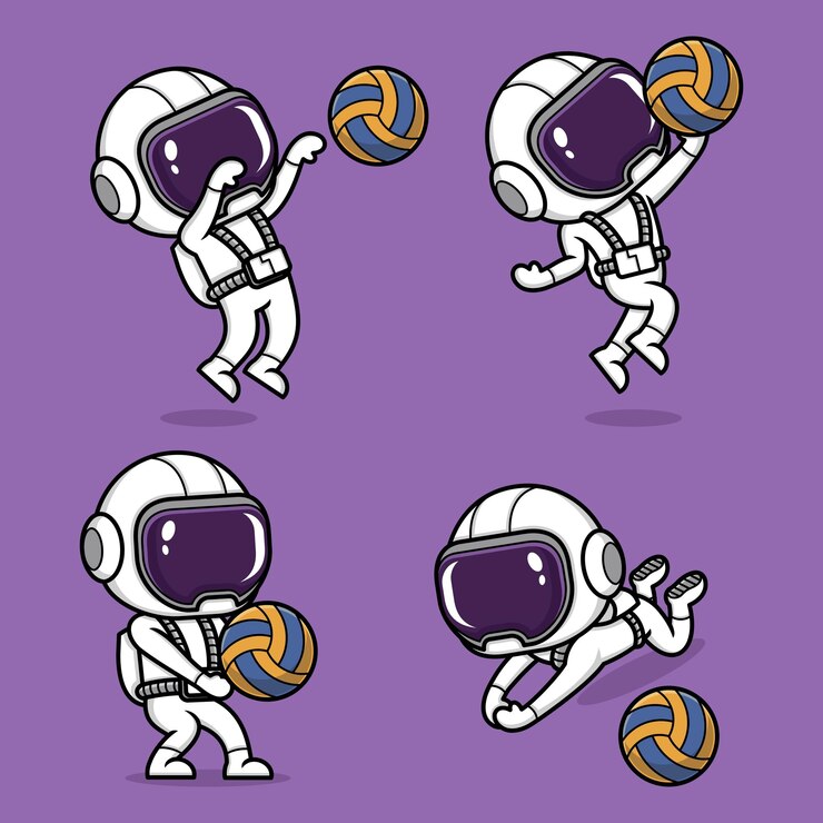 simpatico cartone animato astronauta che gioca a pallavolo