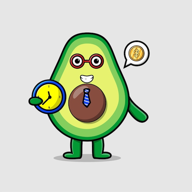 Simpatico cartone animato avocado personaggio che tiene orologio con felice espressione in concetto 3d stile cartone animato