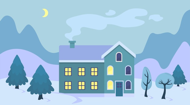 Simpatico cartone animato casa di Natale nell'illustrazione del paesaggio di neve Paesaggio invernale esterno della città retrò