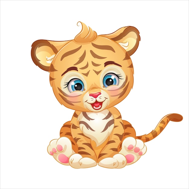 Simpatico cartone animato cucciolo di tigre illustrazione vettoriale Animale della giungla isolato su sfondo bianco