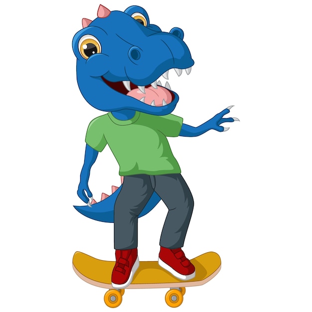 Simpatico cartone animato di dinosauro blu che gioca a skateboard