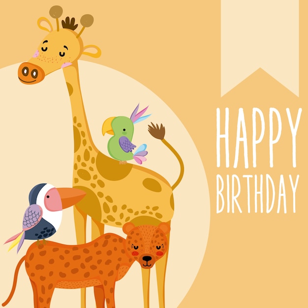 Simpatico cartone animato di simpatici animali felice compleanno carta