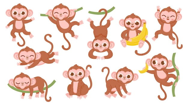 Simpatico cartone animato giungla bambino scimmia personaggio pose. Mascotte esotica animale tropicale, scimmia che salta sull'albero, tenendo in mano una banana e un set vettoriale addormentato di personaggio scimmia in pose varie illustrazioni