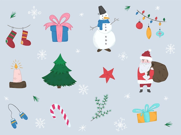Simpatico cartone animato insieme di elementi luminosi di Natale