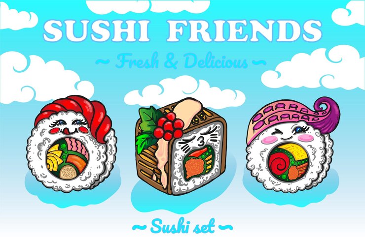 Vettore simpatico cartone animato kawaii sushi contro lo sfondo delle nuvole divertente poster di sushi illustrazione vettoriale ristorante asiatico menu copertina sushi