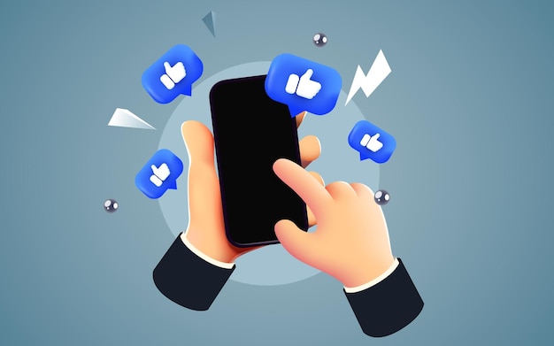 Simpatico cartone animato mano che tiene smartphone mobile con icone di notifica Mi piace social media e marketing