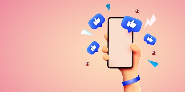 Simpatico cartone animato mano che tiene smartphone mobile con icone di notifica Mi piace social media e marketing...