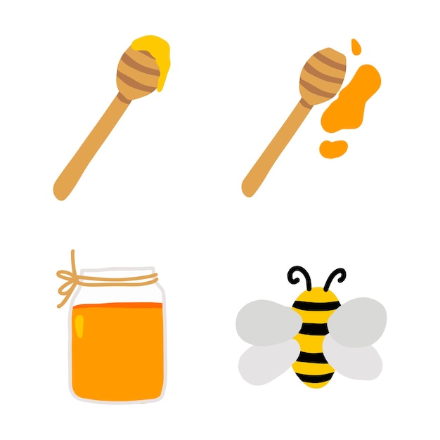 Simpatico cartone animato miele in barattolo di vetro e ape cartone animato Agriturismo illustrazione vettoriale con giallo