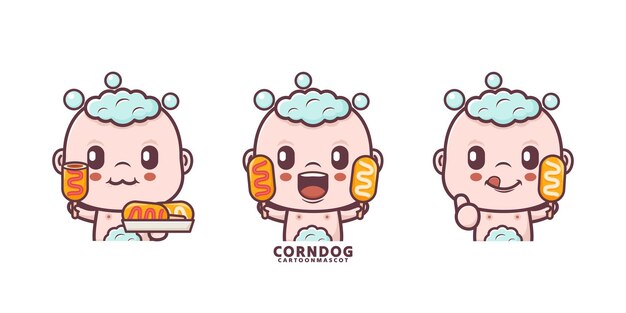 simpatico cartone animato per bambini con corndog set cartone animato vettoriale con diverse espressioni