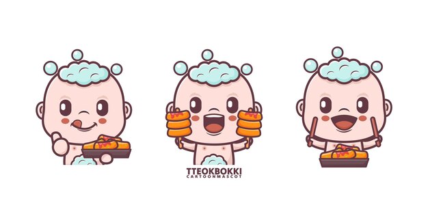 simpatico cartone animato per bambini con set tteokbokki vettore di cartoni animati con espressioni diverse