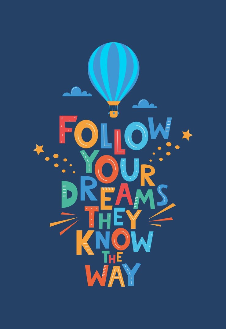 Simpatico cartone animato stampa con aerostato e Follow Your Dreams Know The Way lettering disegnato a mano