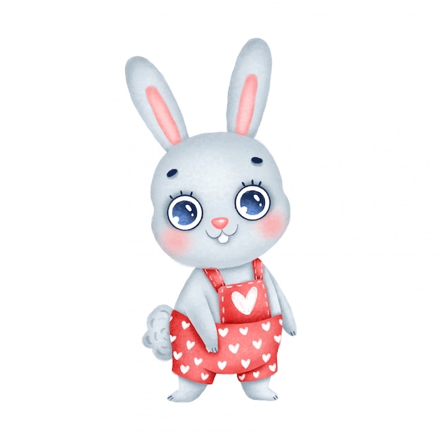 Simpatico coniglietto di cartone animato in tuta rossa con cuori