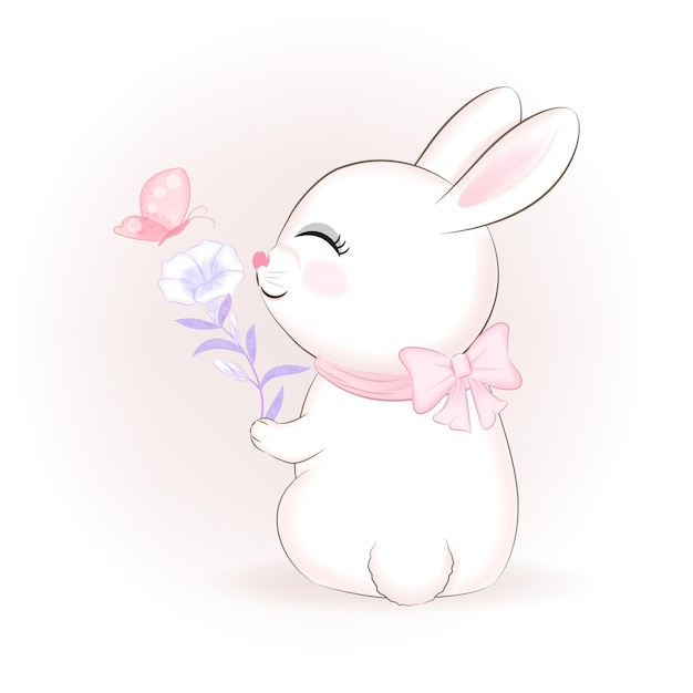 Simpatico coniglietto e fiore con acquerello animale del fumetto della farfalla