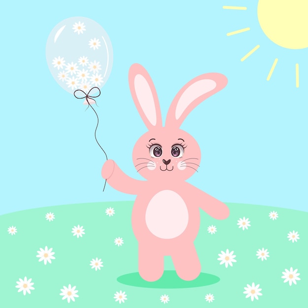 Simpatico coniglietto rosa con grandi occhi che tiene un palloncino pieno di camomille Pasqua primavera estate concetto