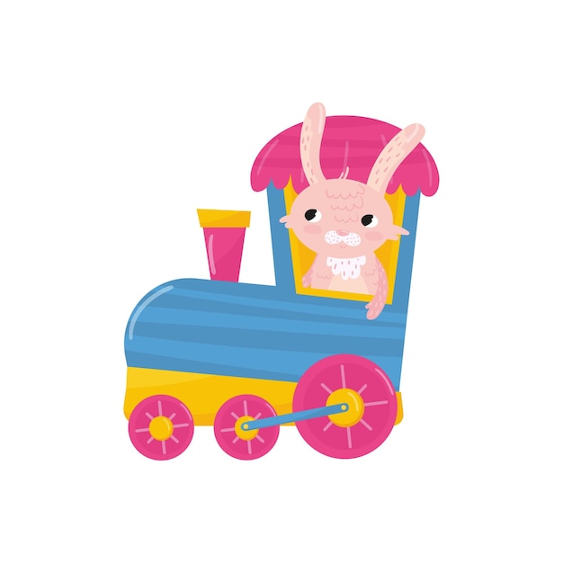 Simpatico coniglietto rosa con orecchie lunghe che viaggiano in treno Personaggio dei cartoni animati di animali della foresta Design piatto colorato vettoriale per bambini stampa carta educativa o poster