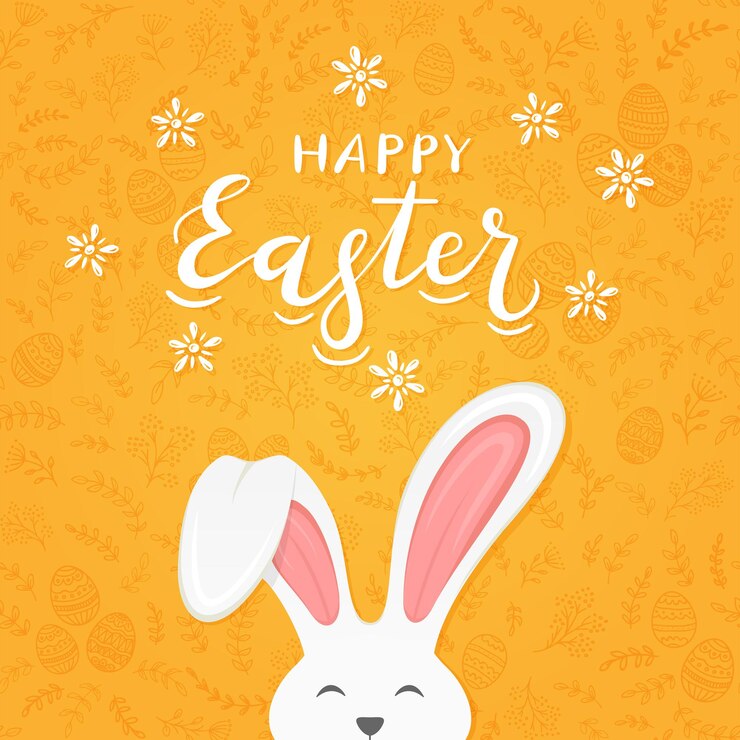 Vettore simpatico coniglio pasquale con orecchie e scritte buona pasqua su sfondo arancione con elementi floreali e illustrazione delle uova