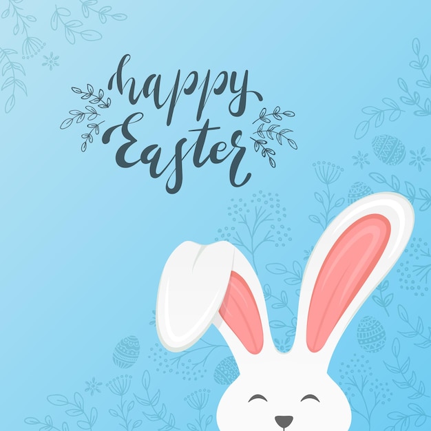 Simpatico coniglio pasquale con orecchie e scritte Buona Pasqua su sfondo blu con elementi floreali e uova. Tema festivo. L'illustrazione può essere utilizzata per il design delle vacanze, banner, biglietti di auguri.