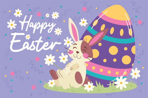 Simpatico coniglio posa su un uovo dipinto Modello di concetto della settimana di Pasqua Vettore