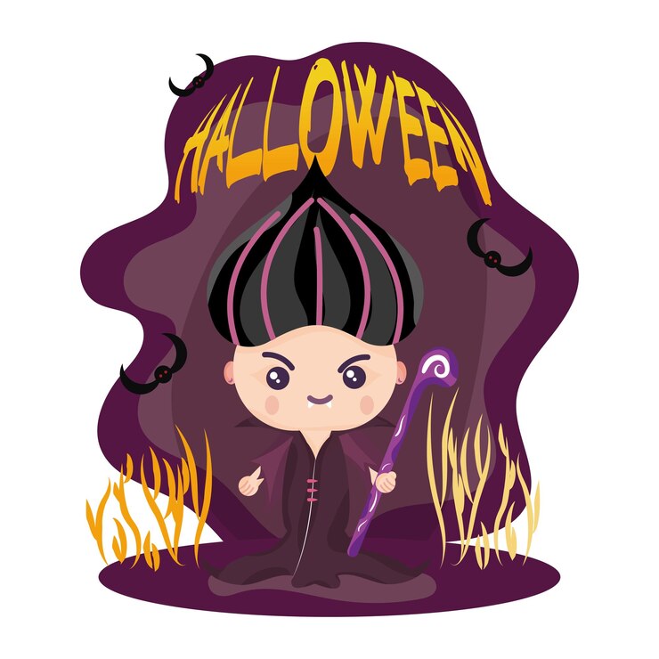 Vettore simpatico costume da strega di halloween sulla ragazza illustrazione vettoriale di halloween