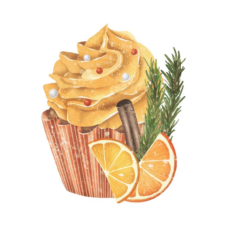 simpatico cupcake vettoriale acquerello di natale e capodanno con arance e cannella