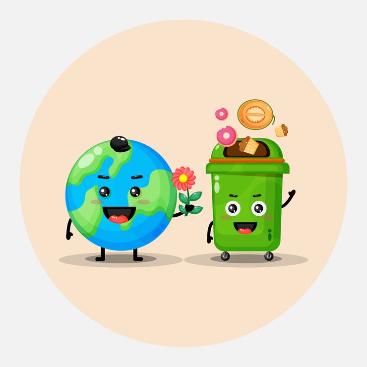 Simpatico disegno mascotte terra e cestino