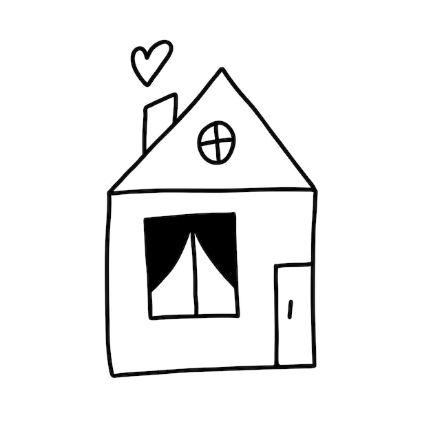 Simpatico doodle disegnato a mano semplice icona della casa con il tetto della finestra della porta e il cuore del camino