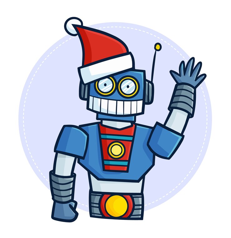 Vettore simpatico e divertente robot blu kawaii che indossa il cappello di babbo natale per natale