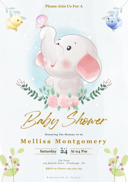Simpatico elefante baby shower invito con disegno acquerello verde