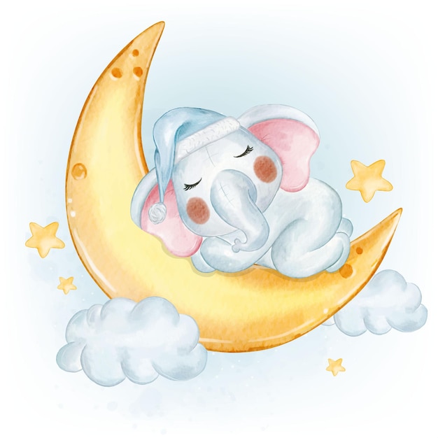Simpatico elefantino che dorme sull'acquerello della luna crescente