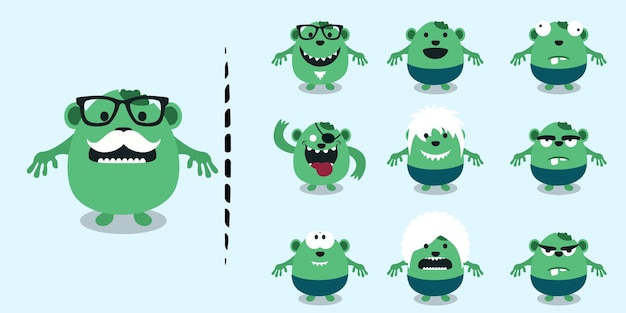 Simpatico fagiolo con facce buffe Set Personaggi verdi divertenti del portafoglio che mostrano diverse emozioni