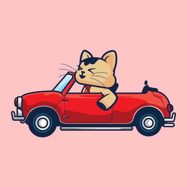 simpatico gatto alla guida di un'auto kawaii fumetto illustrazione