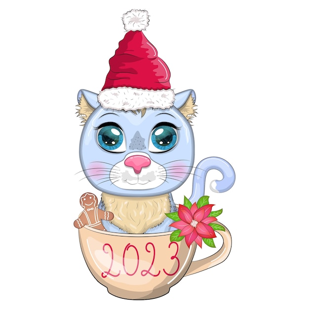 Simpatico gatto cartone animato in un cappello da Babbo Natale in una tazza con biscotti e un'iscrizione Inverno 2023 Natale e Nuovo cinese