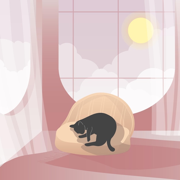 Simpatico gatto che dorme in una casa di fantasia Illustrazione vettoriale