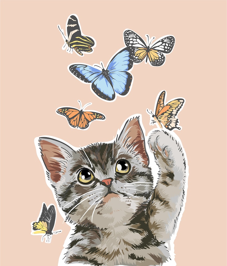 simpatico gatto che gioca con le farfalle illustrazione