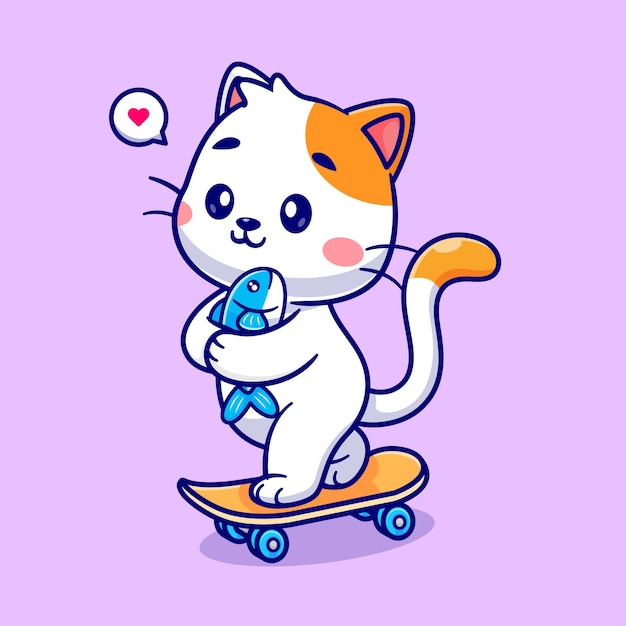 Simpatico gatto che tiene il pesce sullo skateboard Cartoon icona vettore illustrazione icona dello sport animale isolato