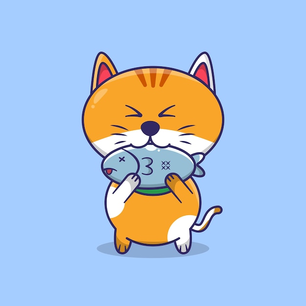 Simpatico gatto che tiene pesce Simpatico gatto che cattura pesce Cartoon Kawai illustrazione