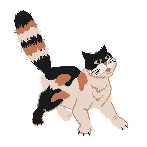 Simpatico gatto in piedi sulle zampe illustrazione vettoriale piatta isolata su sfondo bianco Divertente personaggio gatto
