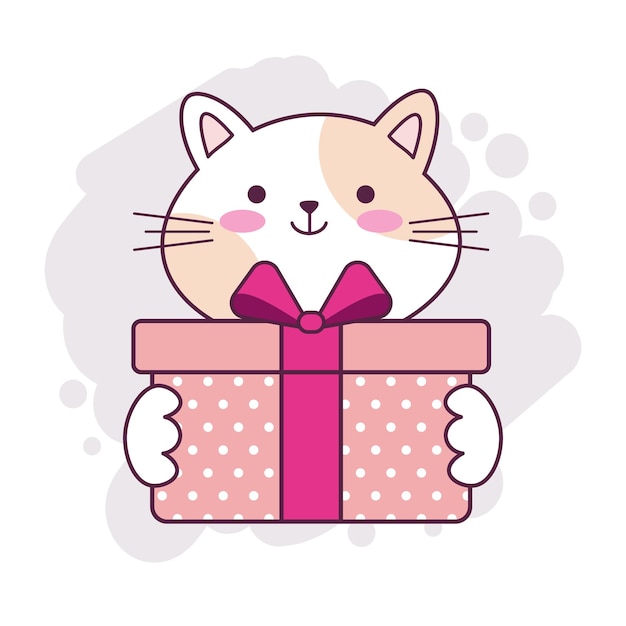Simpatico gatto kawaii con confezione regalo. Illustrazione del fumetto disegnato a mano per adesivi, biglietto di auguri