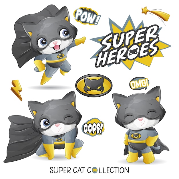Simpatico gatto super con illustrazione dell'acquerello
