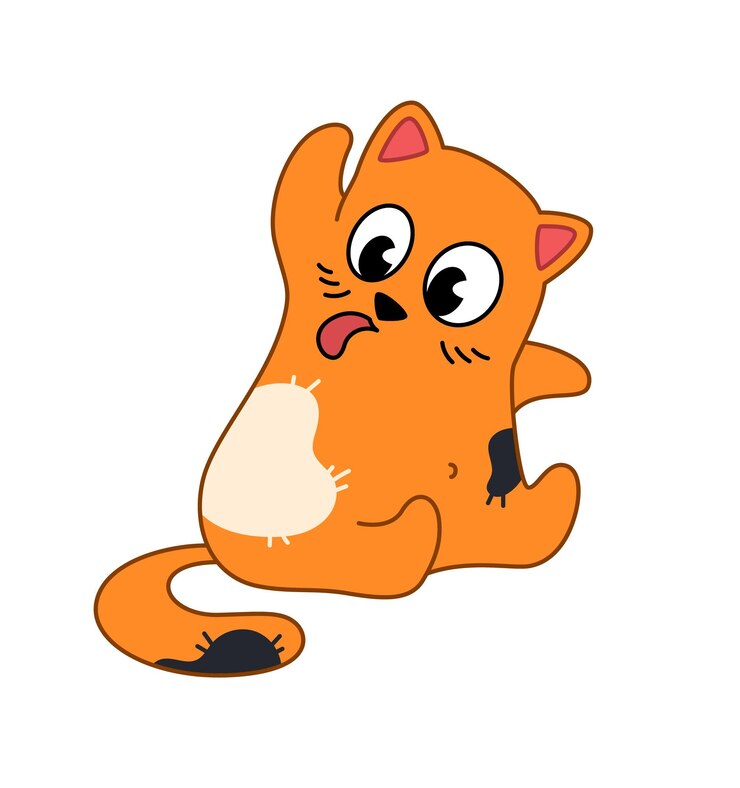 Vettore simpatico gatto zenzero seduto gatto divertente cartone animato con macchie bianche e nere che leccano la pelliccia animale domestico felice