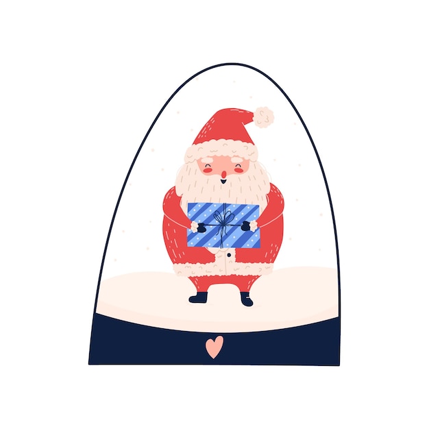 Simpatico globo di neve con Babbo Natale all'interno con in mano un regalo di Natale piatto vettore Giocattolo invernale tradizionale