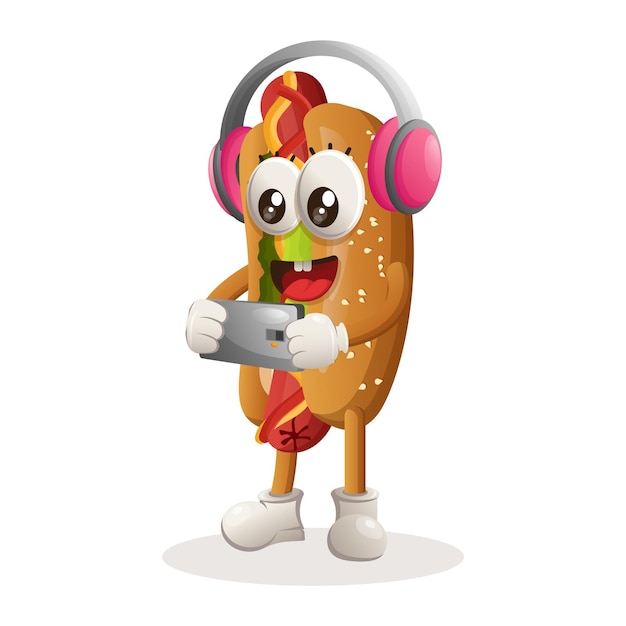 Simpatico hotdog mascotte gioco mobile che indossa le cuffie