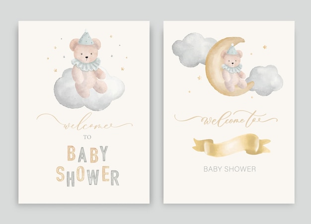 Simpatico invito ad acquerello per baby shower con nuvole, luna, stelle, orsacchiotto e iscrizione calligrafica