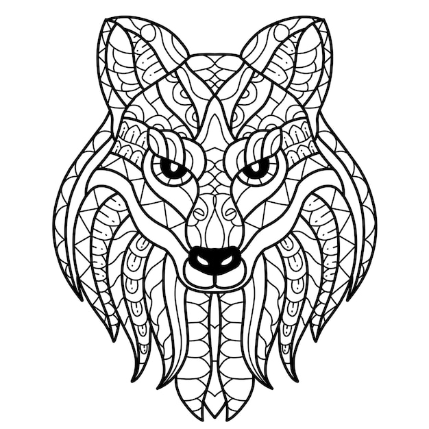Simpatico lupo libro da colorare zentangle disegnato a mano isolato su sfondo bianco